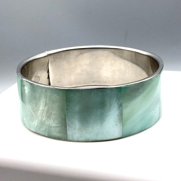 Seafoam Green Mermaid Bangle Bracelet, Silver Tone Wide Band with Ocean Hues Dye - Picture 2 of 3